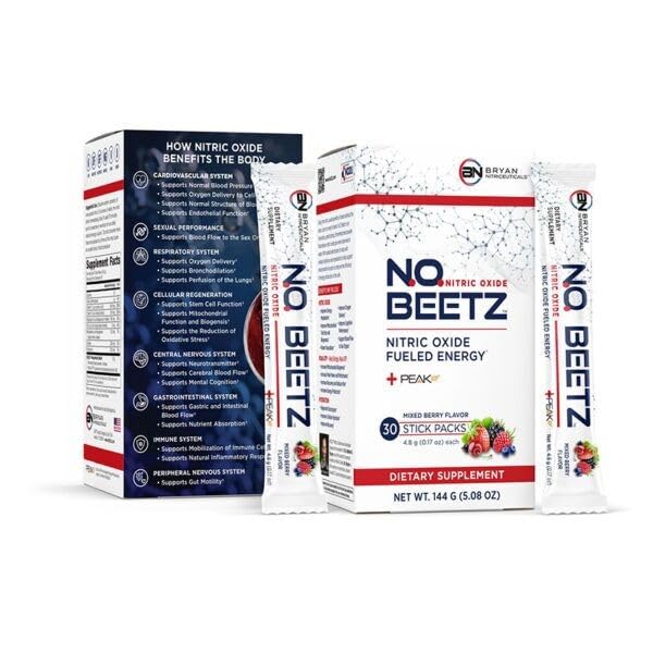 Bryan Nitriceuticals N.O. Beetz tub front highlighting energy support and beet formula.