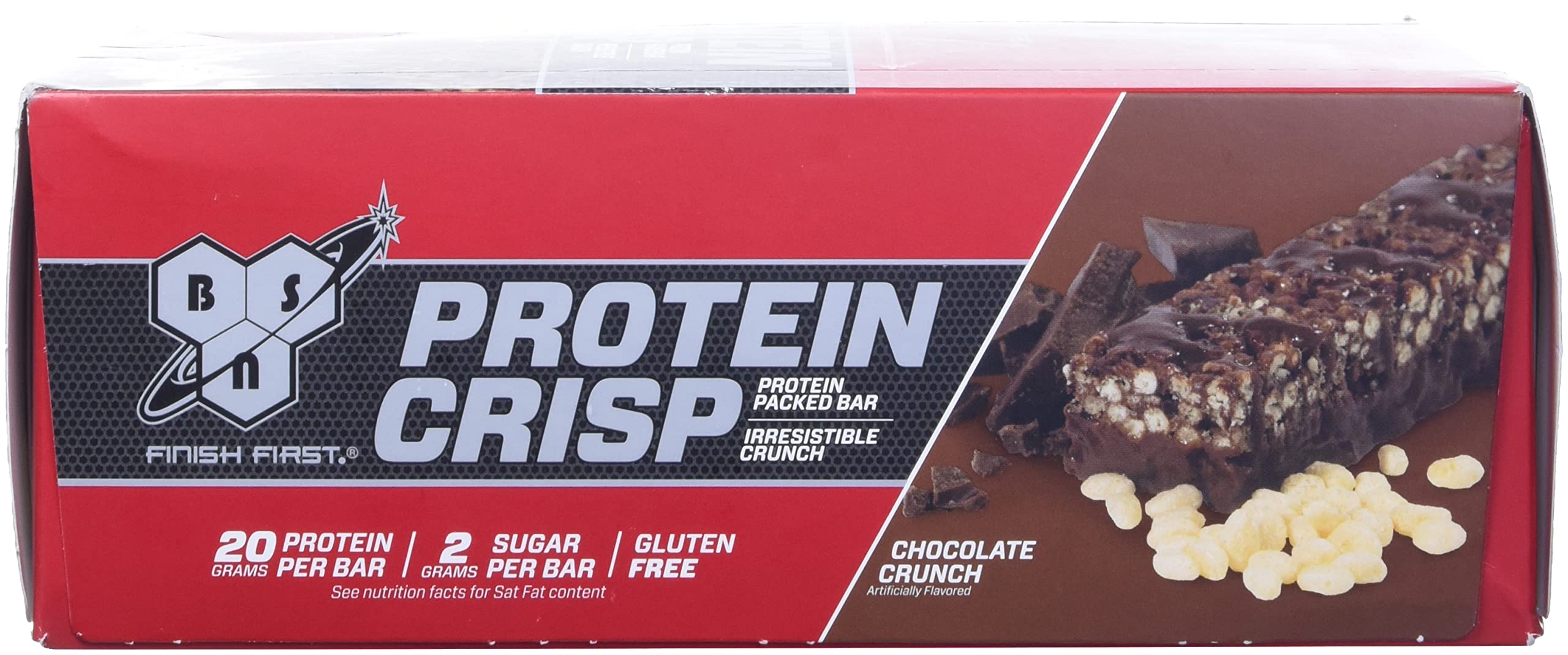 BSN Protein Crisp bar nutrition facts highlight 20g protein per bar.