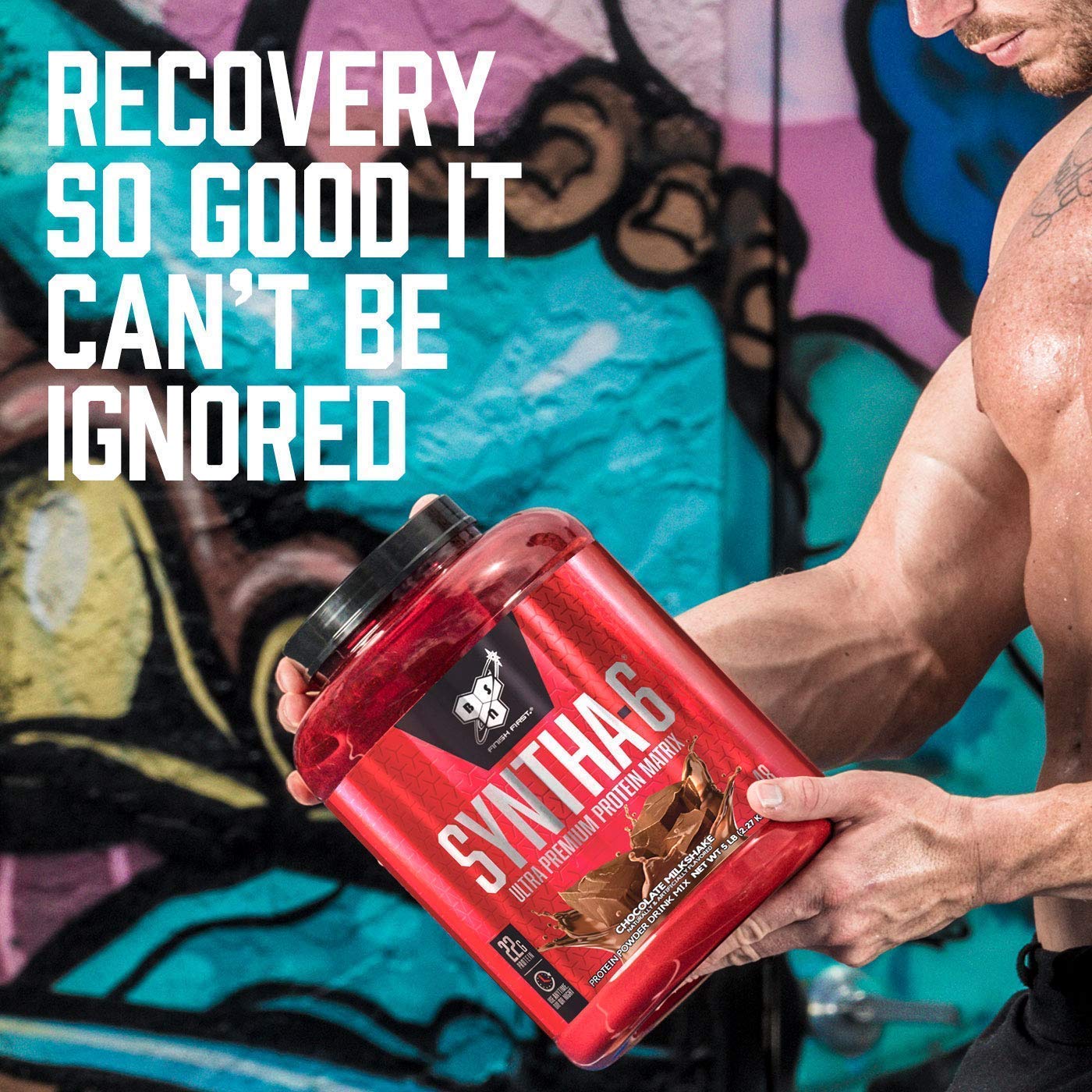 BSN SYNTHA-6 vanilla ice cream tub closeup emphasizes high-quality protein matrix