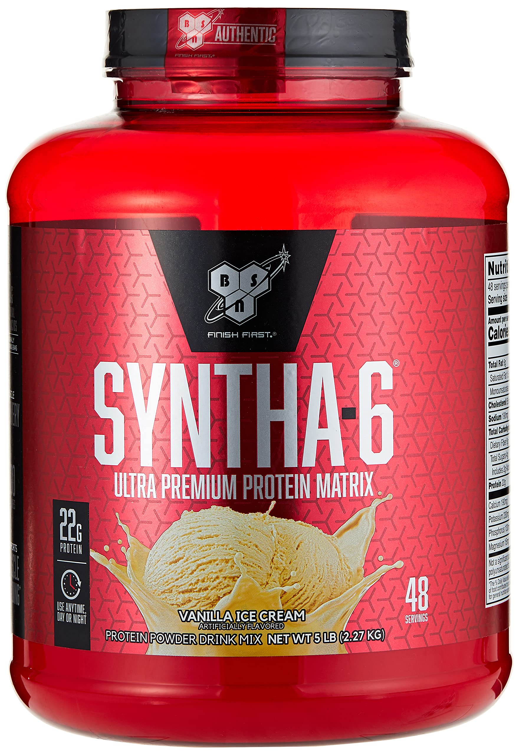 BSN SYNTHA-6 vanilla ice cream tub shows premium protein scoop for daily recovery