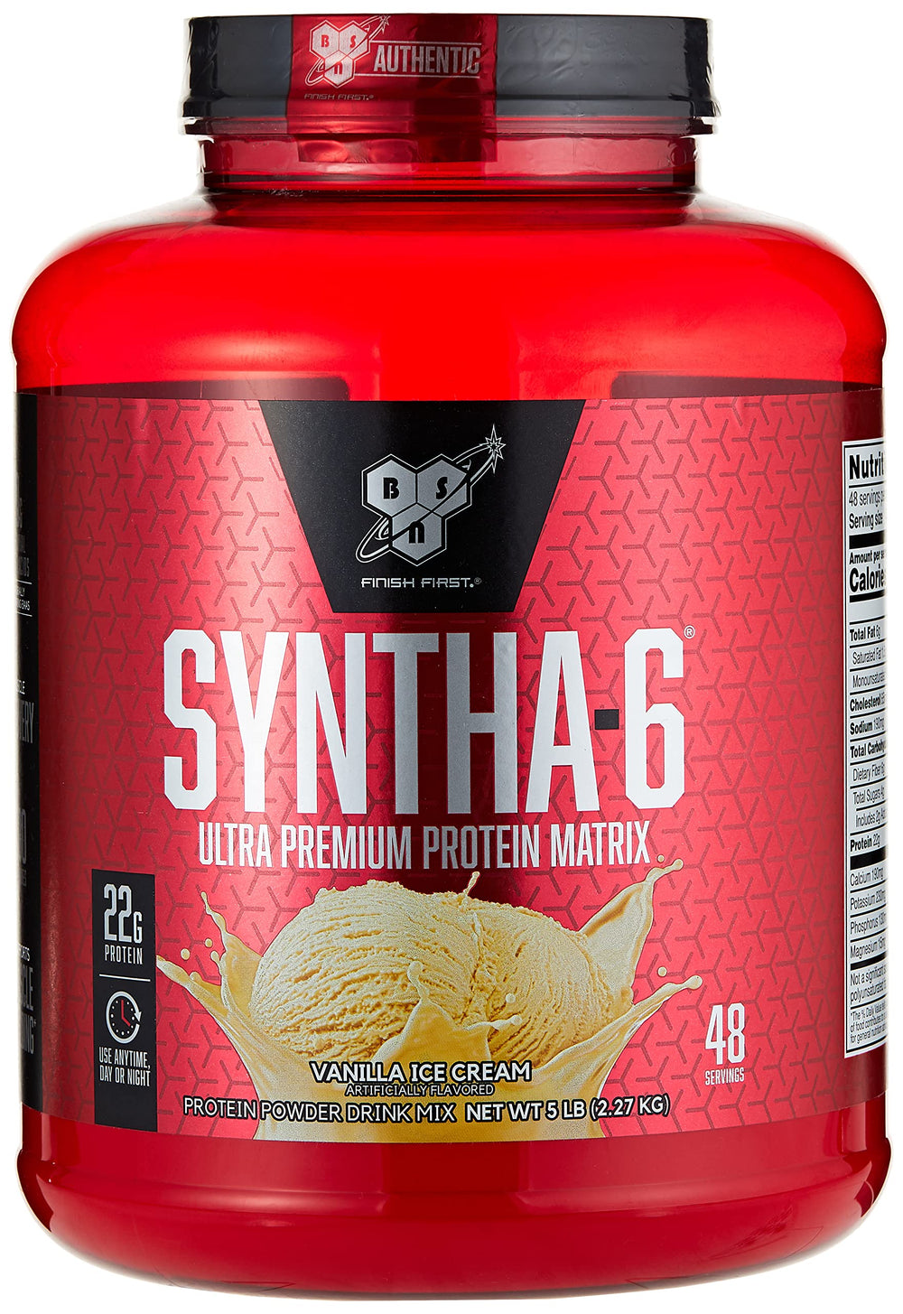 BSN SYNTHA-6 vanilla ice cream tub shows premium protein scoop for daily recovery