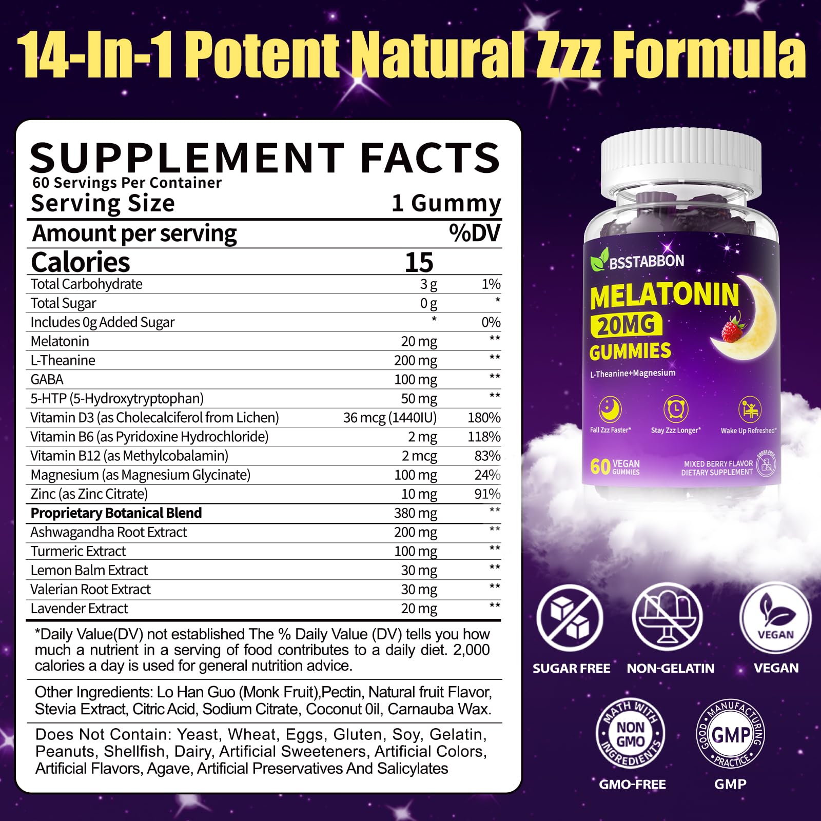 BSSTABBON Melatonin Gummies mixed berry flavor label