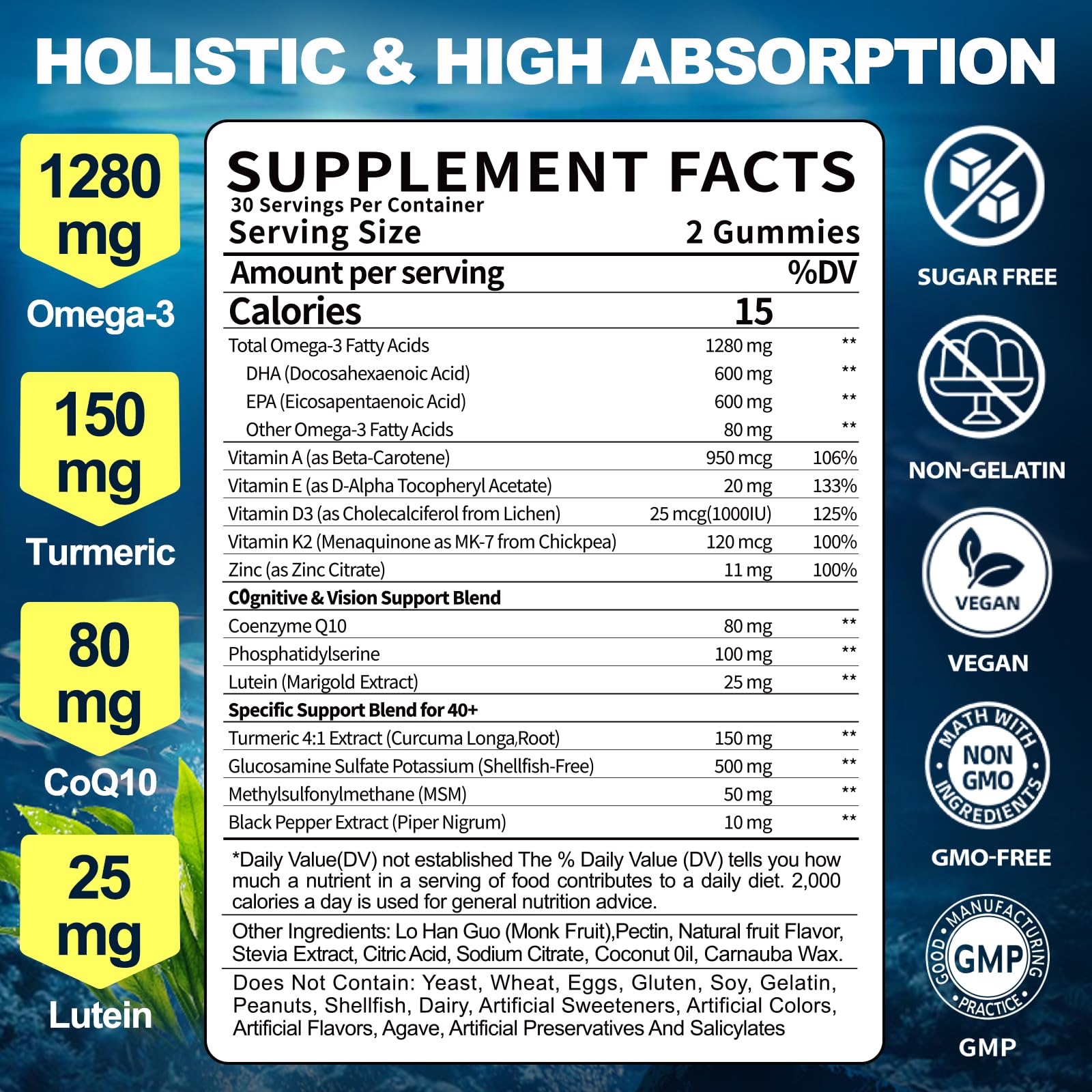 Close-up of omega-3 gummies highlighting EPA and DHA content for adults 40+