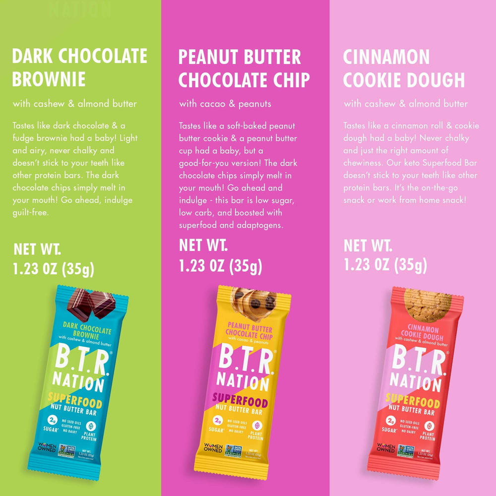 B.T.R Nation Bar sampler flavors layout highlights three vegan, low-carb options