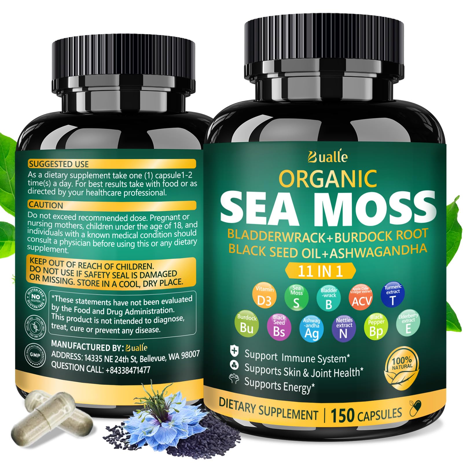 Packaging of Bualle 150-capsule sea moss supplement