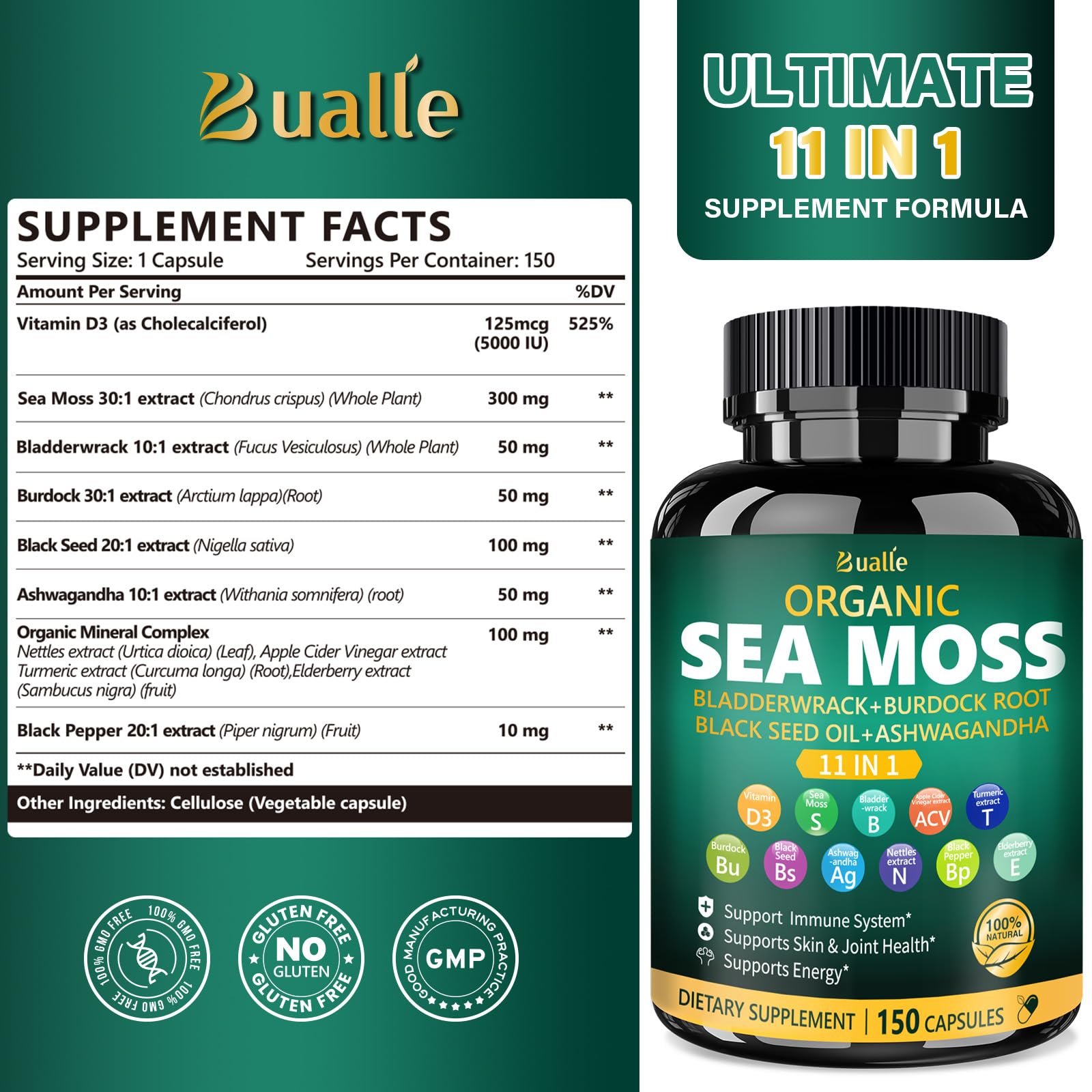 Back label of Bualle Sea Moss Capsules bottle
