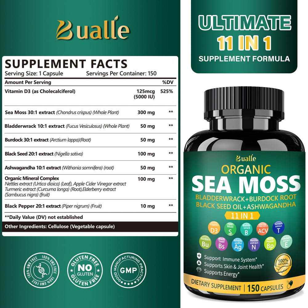 Back label of Bualle Sea Moss Capsules bottle