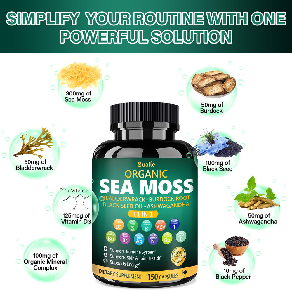 Close-up of Bualle Sea Moss ingredients including sea moss, bladderwrack and burdock