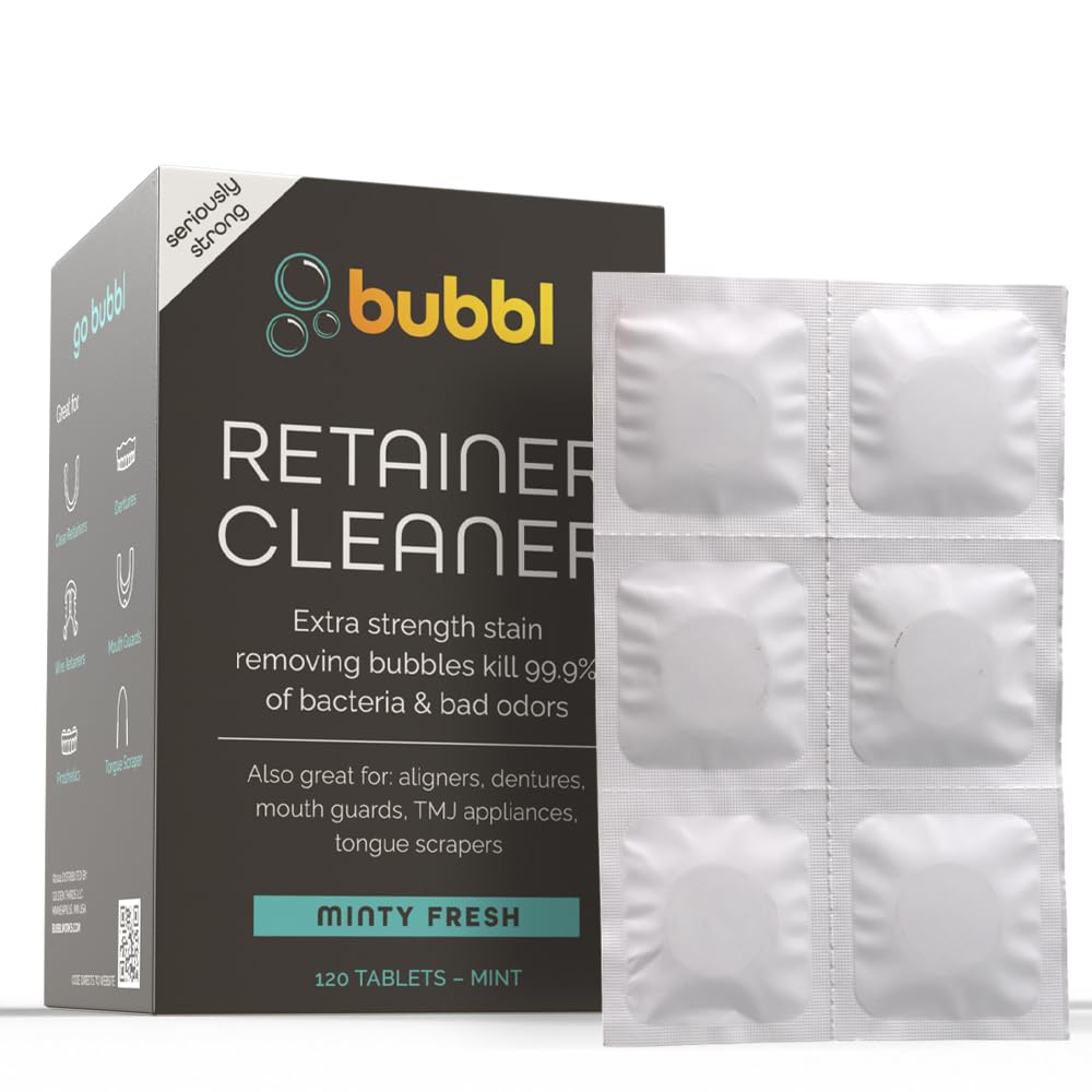 Box packaging showing Bubbl 120 tablet retainer cleaner 4 month supply
