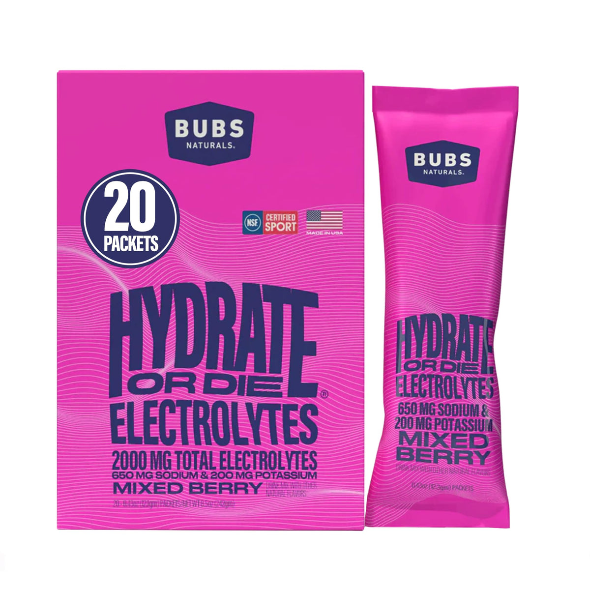 BUBS Naturals Hydrate box with electrolyte packets for convenient hydration.