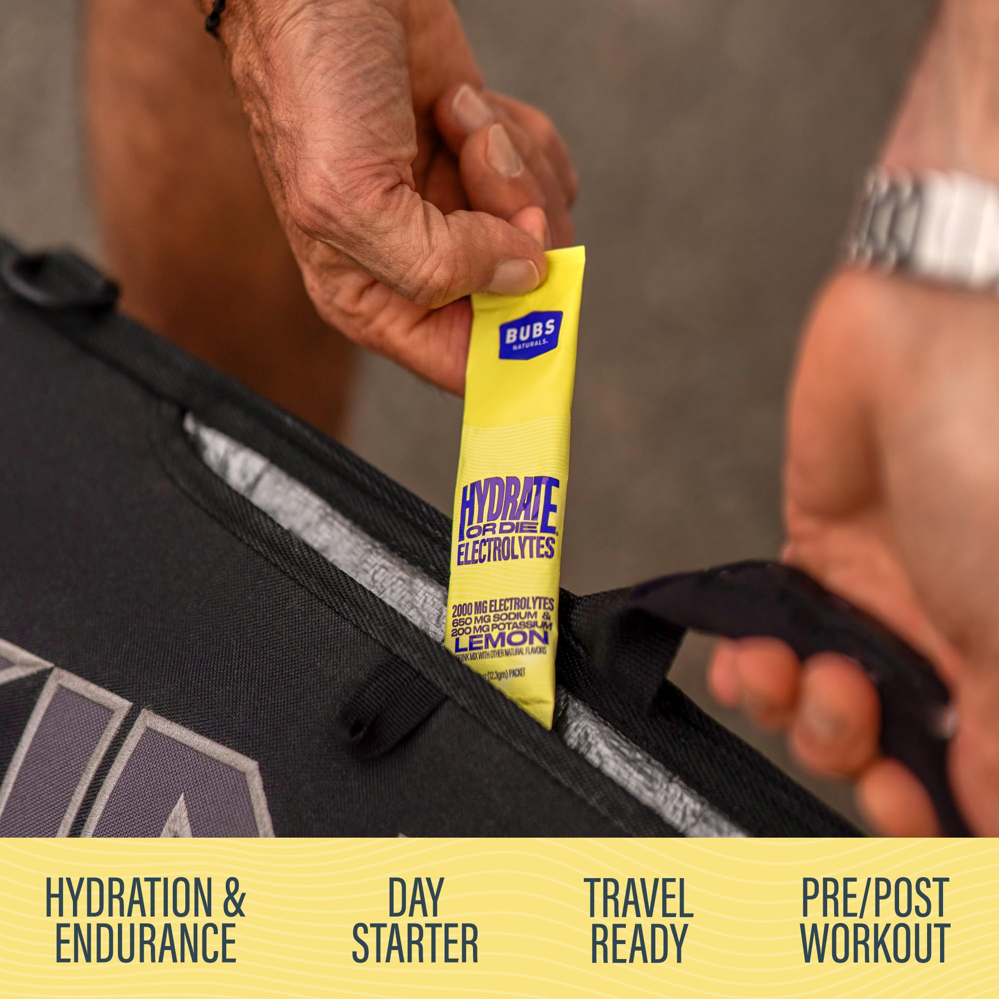 Monkfruit sweetener icon beside Hydrate or Die lemon flavor text.