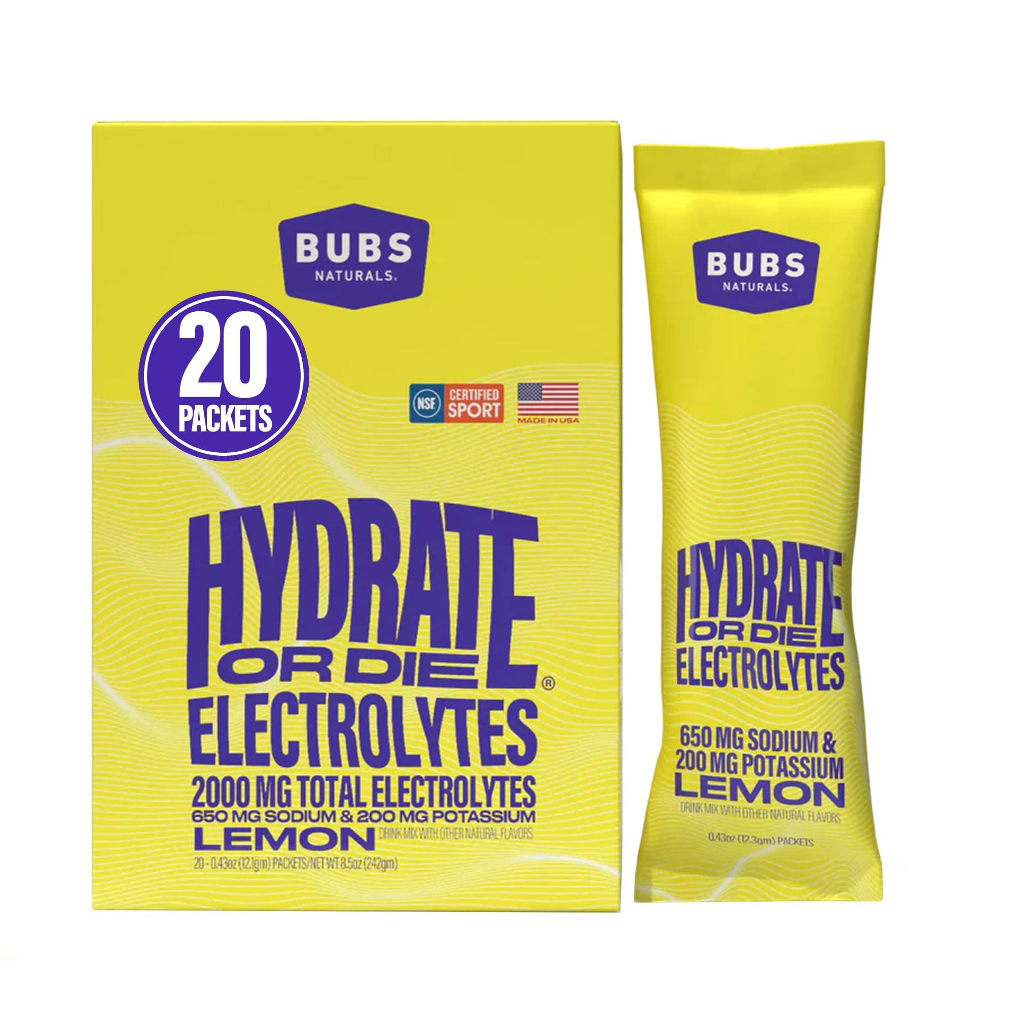 BUBS Naturals Hydrate or Die lemon packets packaging for on-the-go hydration.