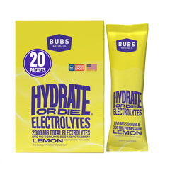 BUBS Naturals Hydrate or Die lemon packets packaging for on-the-go hydration.