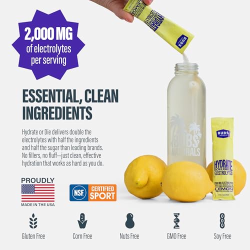 Close-up of Hydrate or Die lemon powder and electrolytes on the label.