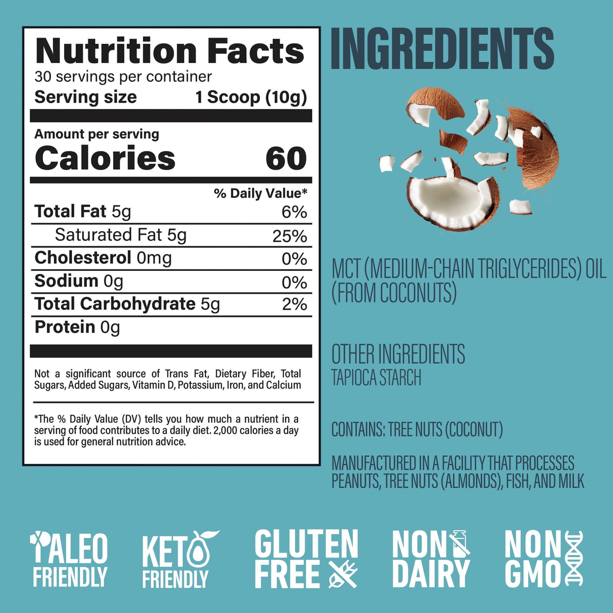 Close-up of MCT oil powder label showing 65% C8 and 35% C10