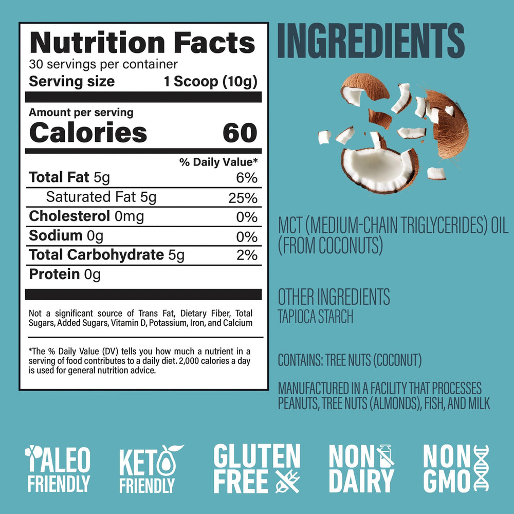 Close-up of MCT oil powder label showing 65% C8 and 35% C10