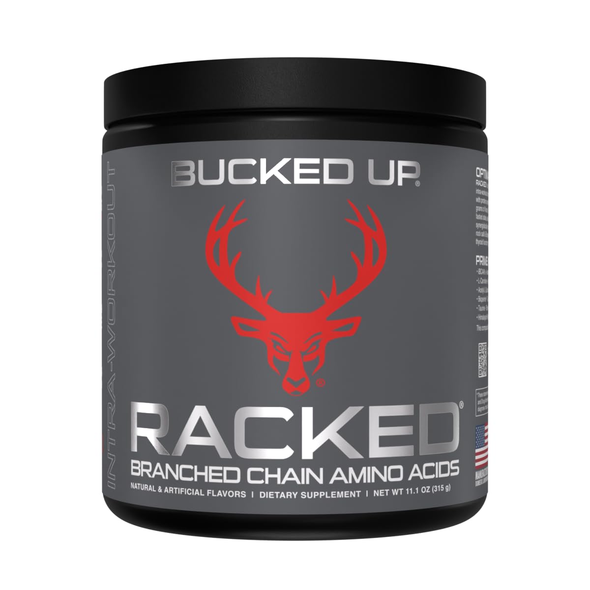 Front view of Bucked Up BCAA RACKED Blood Raz container