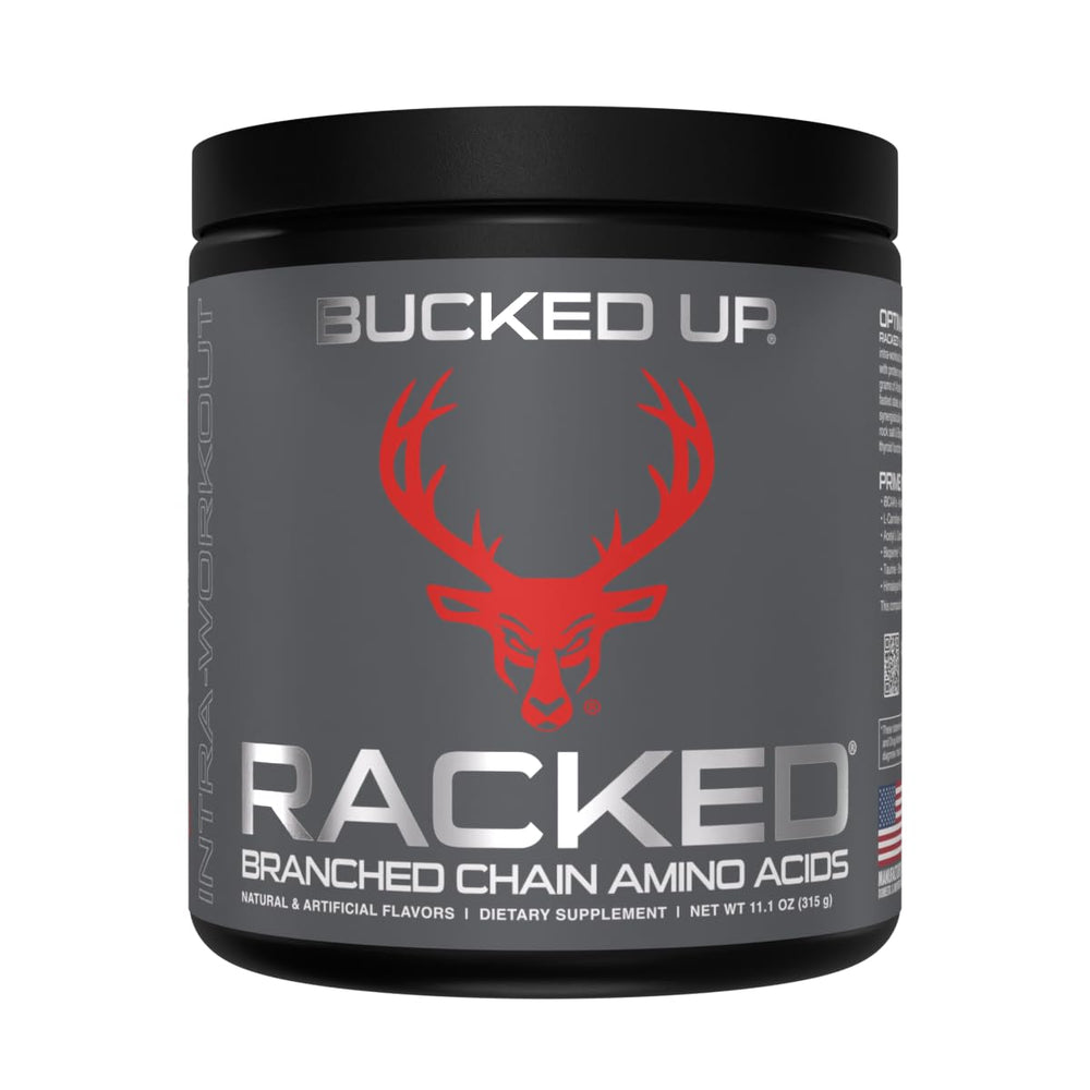 Front view of Bucked Up BCAA RACKED Blood Raz container