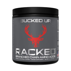 Front view of Bucked Up BCAA RACKED Blood Raz container