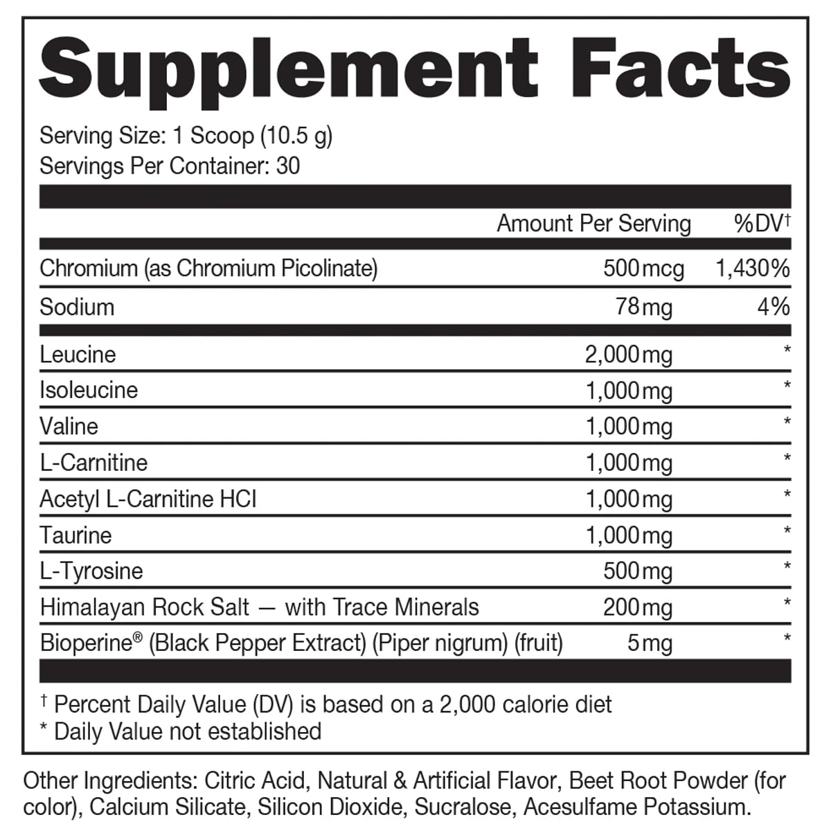 Bucked Up BCAA RACKED Blood Raz label with nutrition information