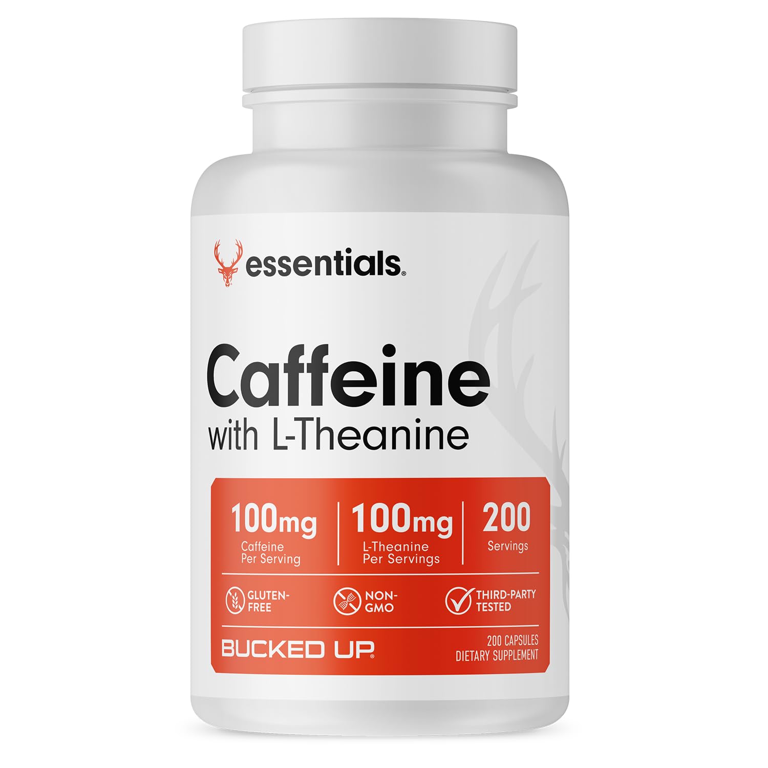 Bucked Up Caffeine with L-Theanine bottle-front for steady daily energy and focus.