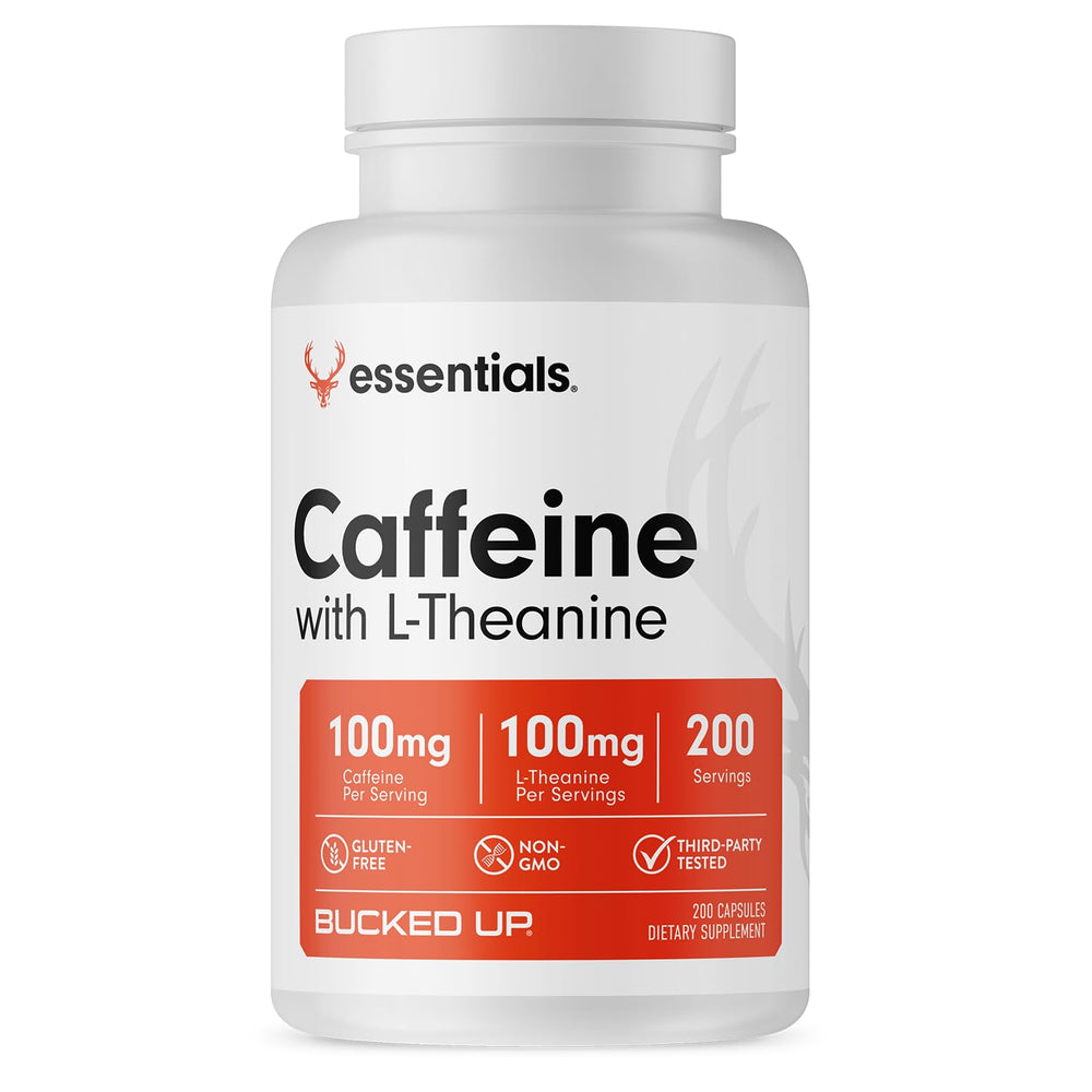 Bucked Up Caffeine with L-Theanine bottle-front for steady daily energy and focus.