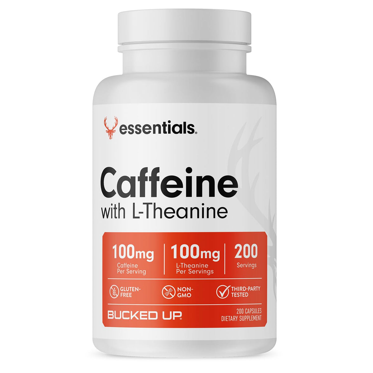 Bucked Up Caffeine with L-Theanine bottle-front for steady daily energy and focus.