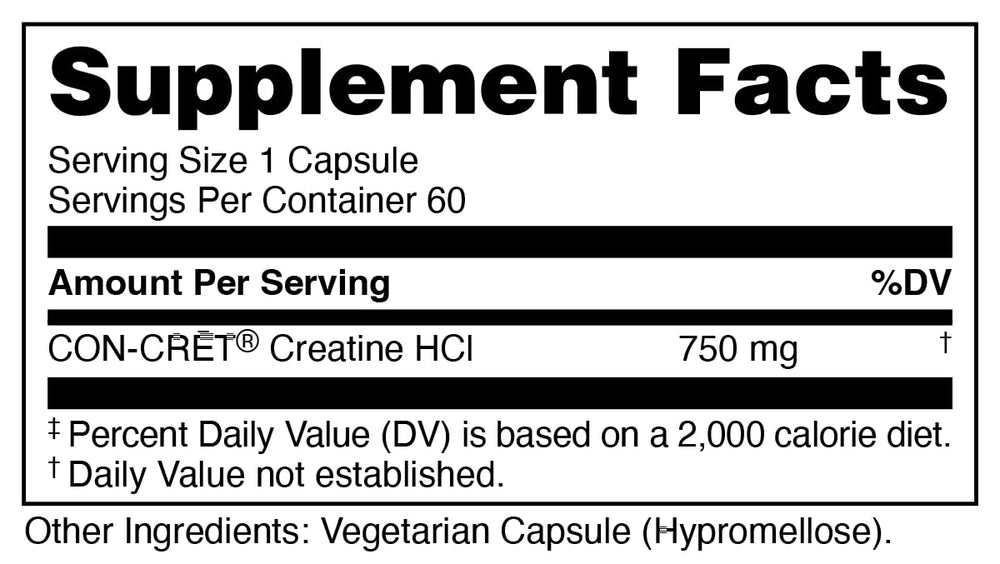 Close-up of CON-CRET Creatine HCl 750mg per capsule label