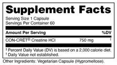 Close-up of CON-CRET Creatine HCl 750mg per capsule label