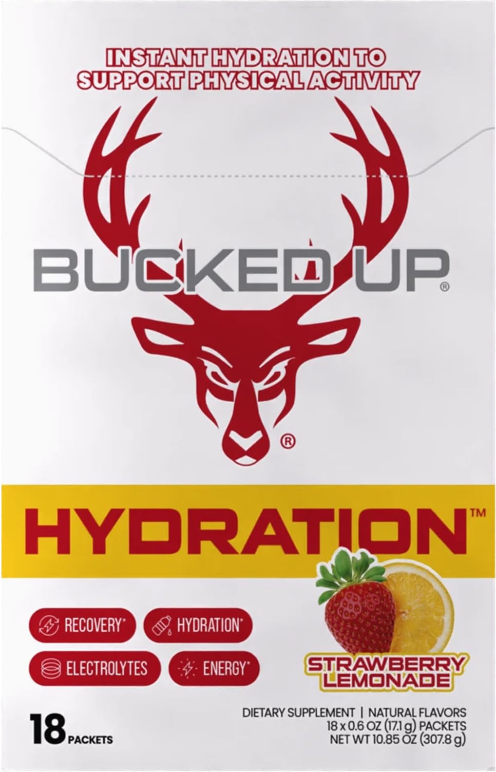 Glass of Bucked Up Hydration strawberry lemonade being poured for refreshing hydration.