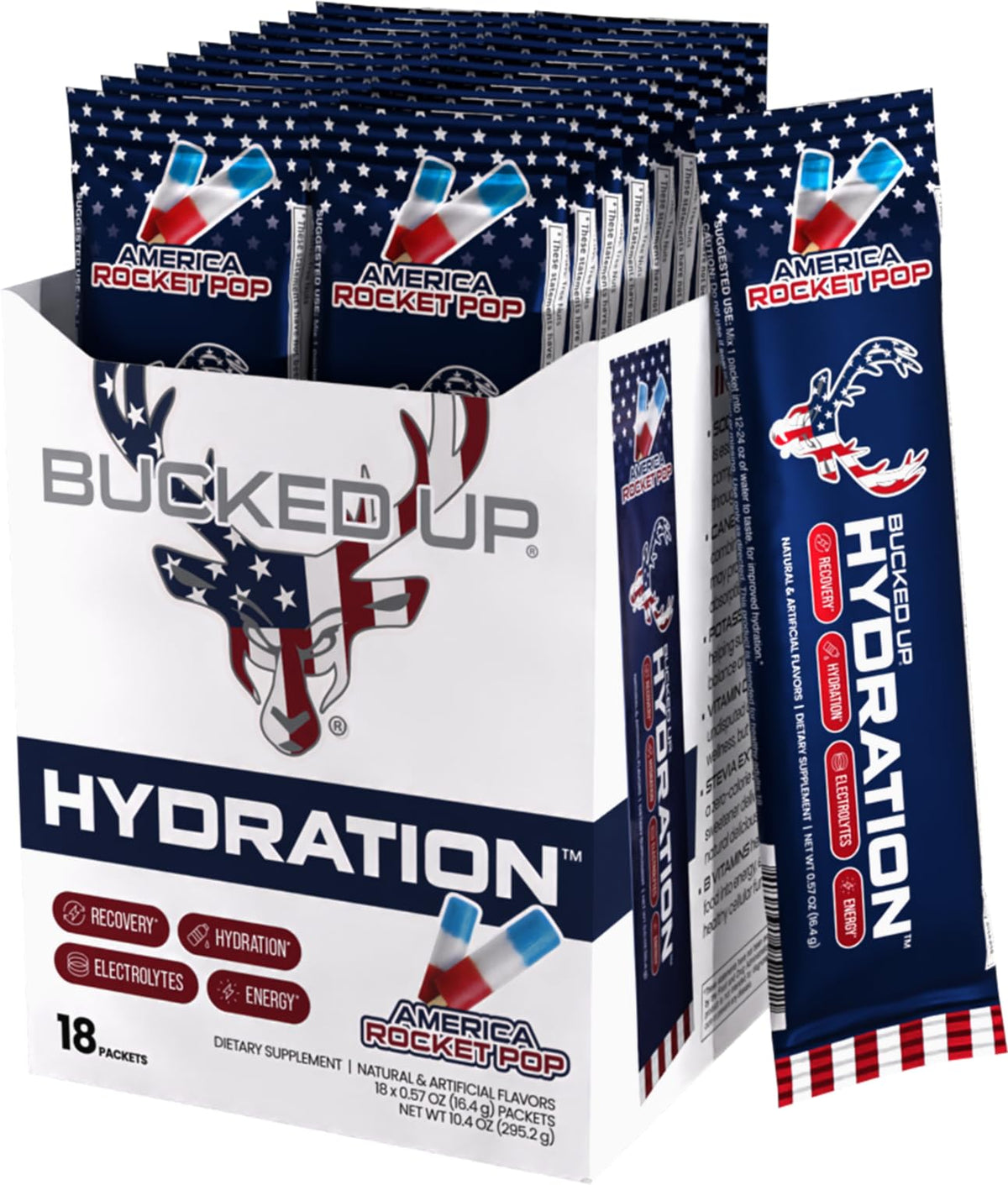 Bucked Up Hydration Rocket Pop bottle pour, refreshing electrolyte boost for workouts