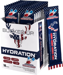 Bucked Up Hydration Rocket Pop bottle pour, refreshing electrolyte boost for workouts