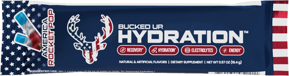 Bucked Up Hydration Rocket Pop glass with ice, easy-to-drink hydration