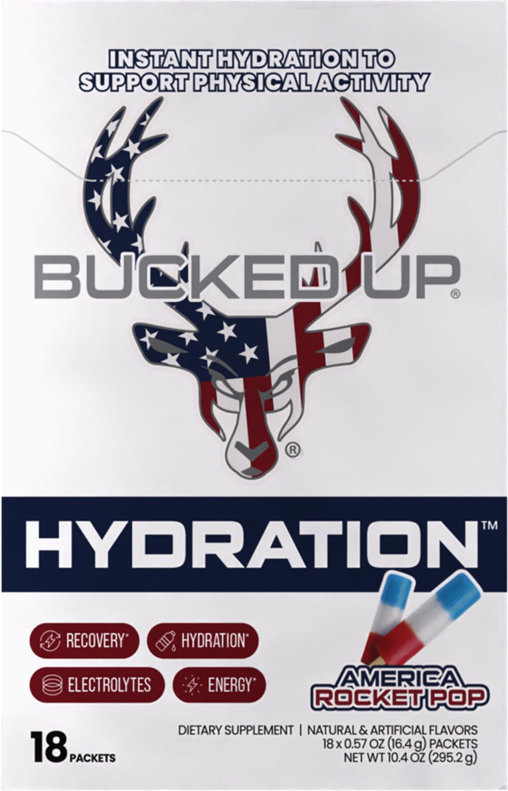 Bucked Up Hydration Rocket Pop ingredient-scene, natural electrolytes and vitamins