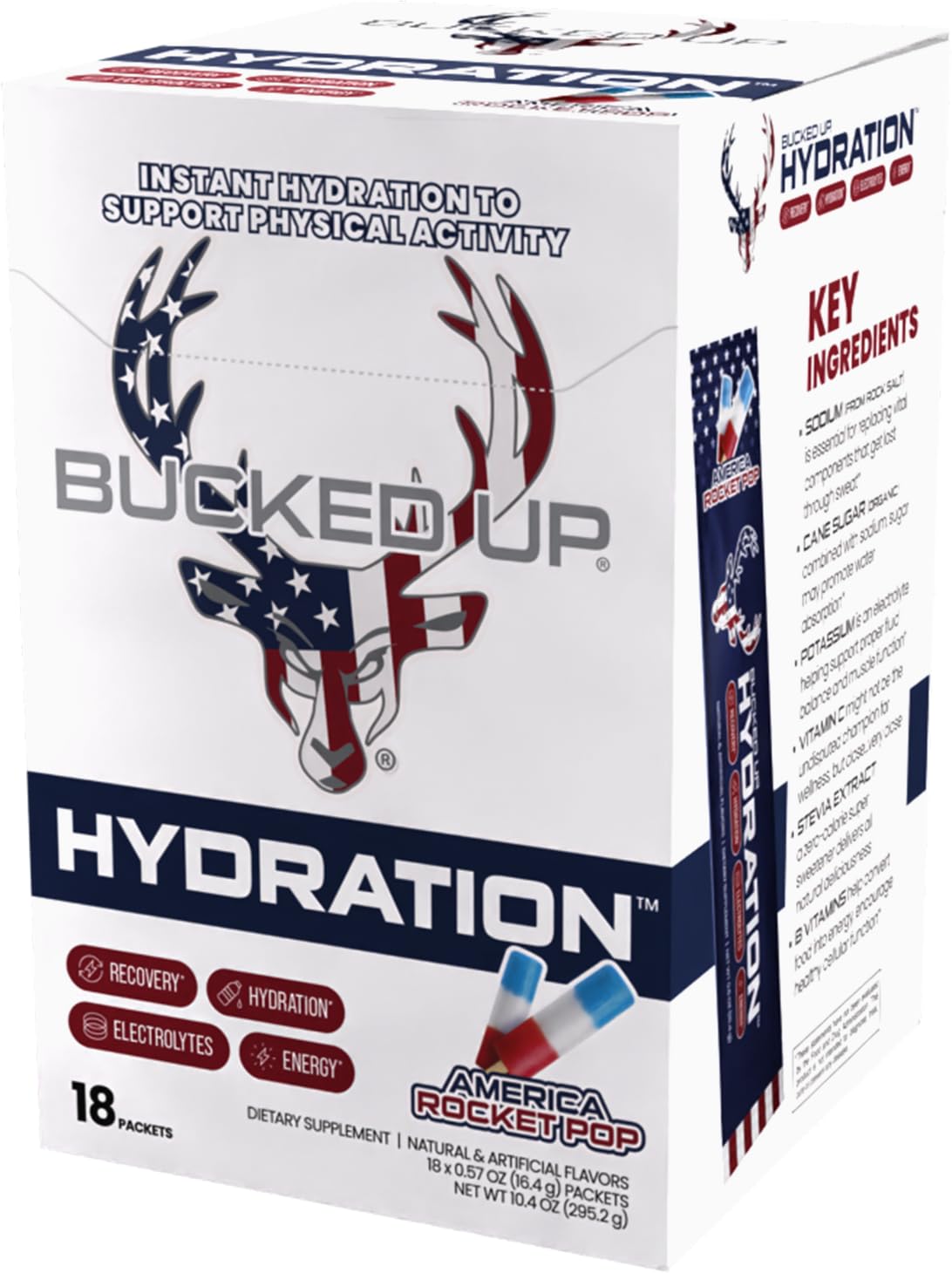 Bucked Up Hydration Rocket Pop packaging box, 18 sticks for travel-friendly hydration