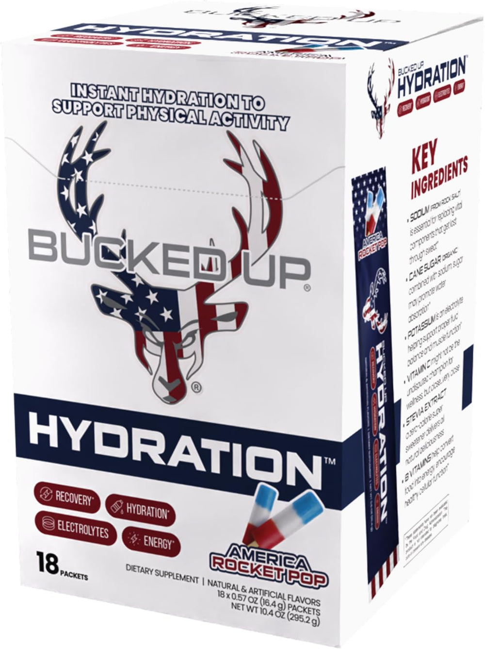 Bucked Up Hydration Rocket Pop packaging box, 18 sticks for travel-friendly hydration