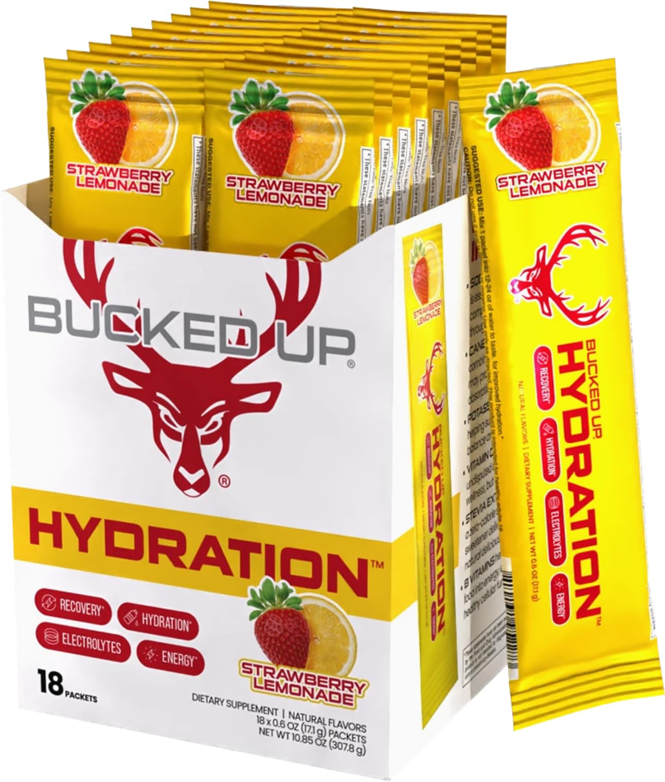 Bucked Up Hydration Strawberry Lemonade box front view - 18 packs