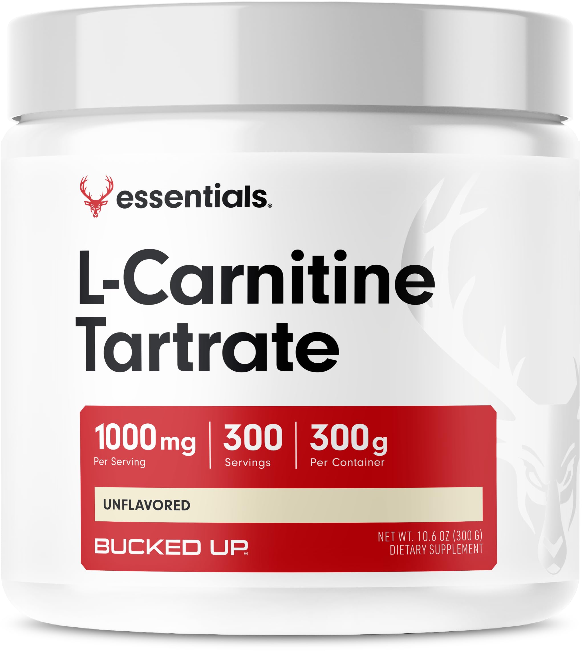 Front view of Bucked Up L-Carnitine Tartrate 1000mg Powder Essentials 300 Servings container