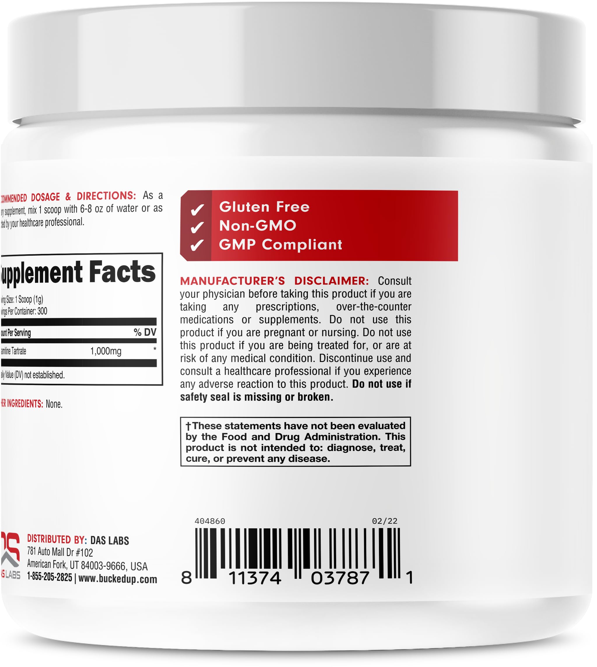 Packaging design of Bucked Up Essentials L-Carnitine Tartrate 1000mg Powder