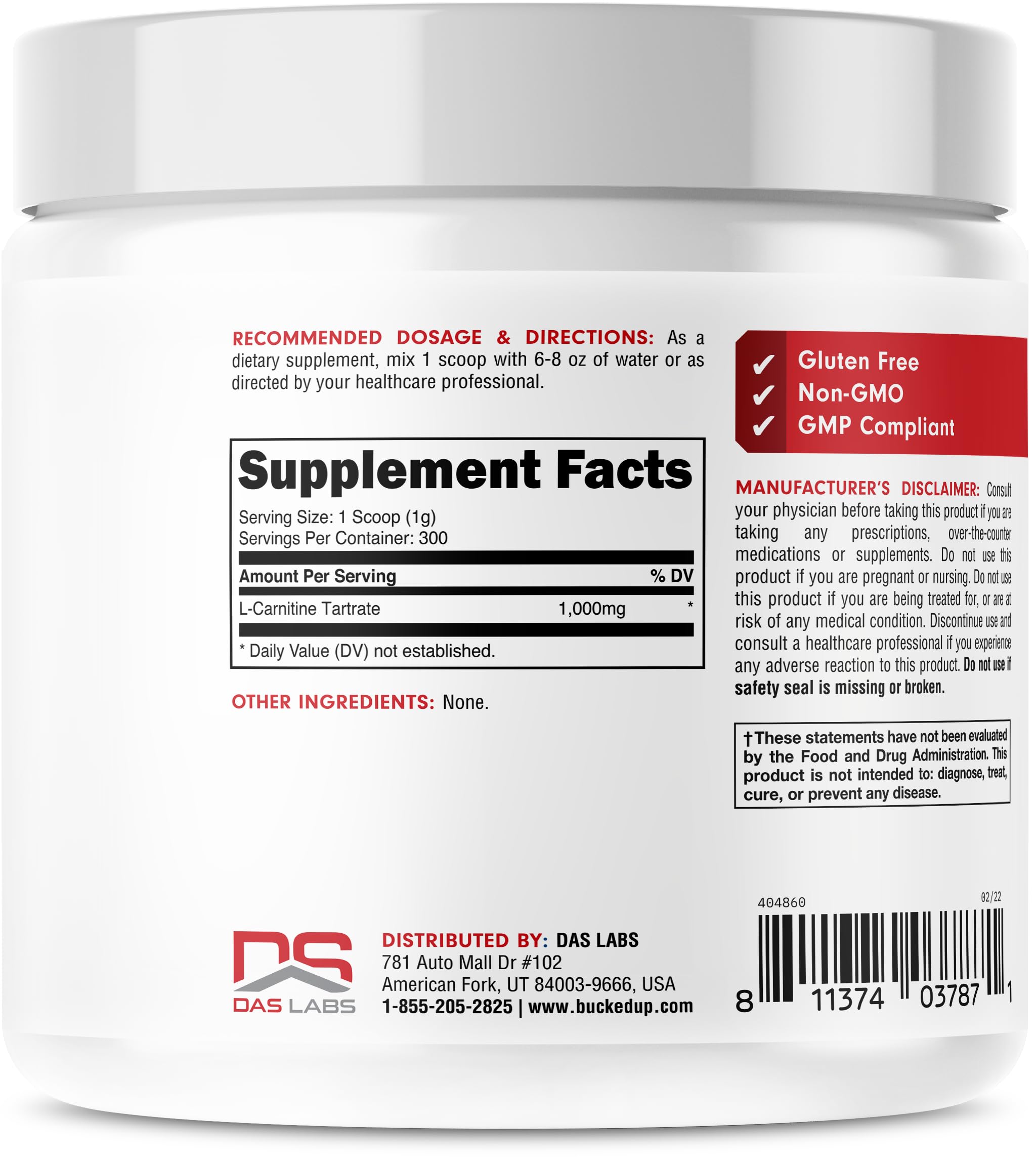 Bucked Up L-Carnitine Tartrate powder scoop beside container for precise serving.