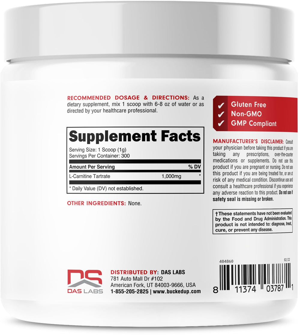 Bucked Up L-Carnitine Tartrate powder scoop beside container for precise serving.