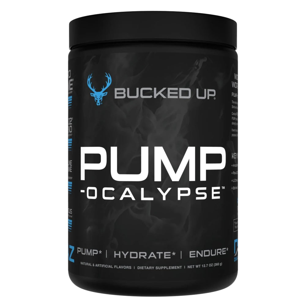 Bucked Up Pump-ocalypse Blue Raz bottle-front showing nitric oxide support for workouts