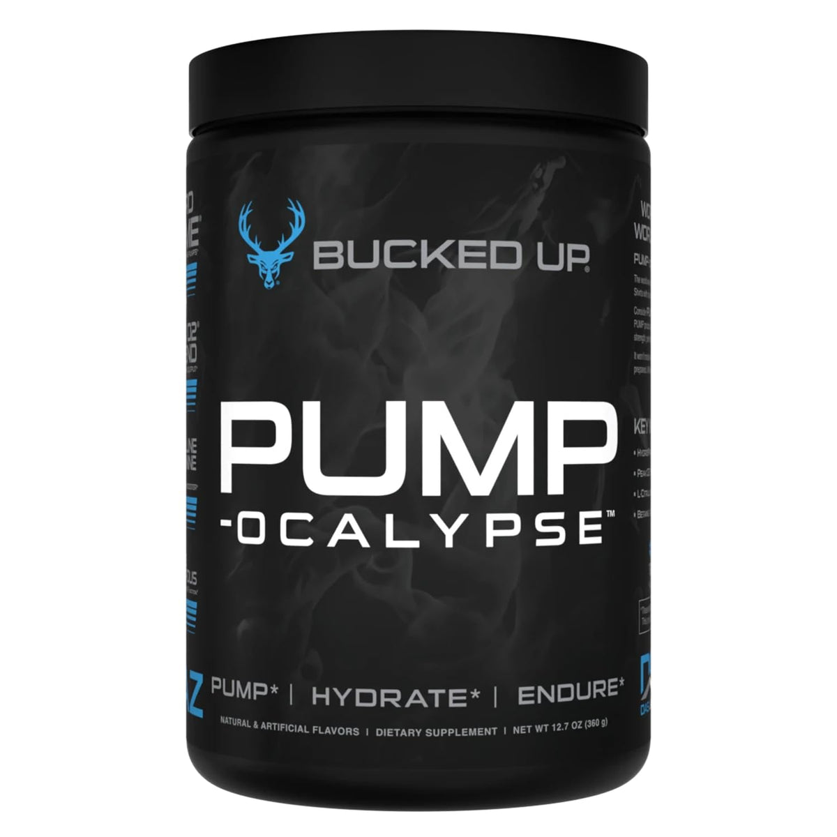 Bucked Up Pump-ocalypse Blue Raz bottle-front showing nitric oxide support for workouts