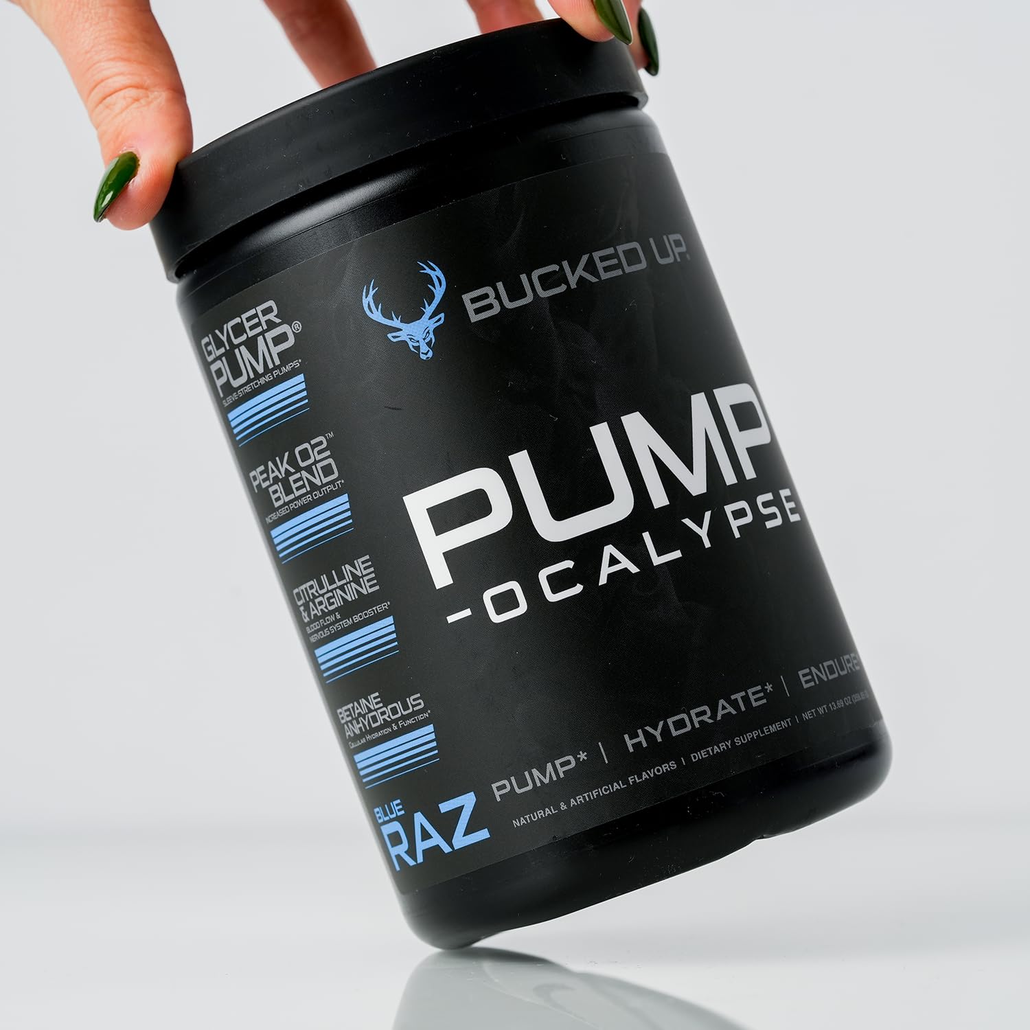 Bucked Up Pump-ocalypse Blue Raz ingredient icons featuring citrulline malate and agmatine