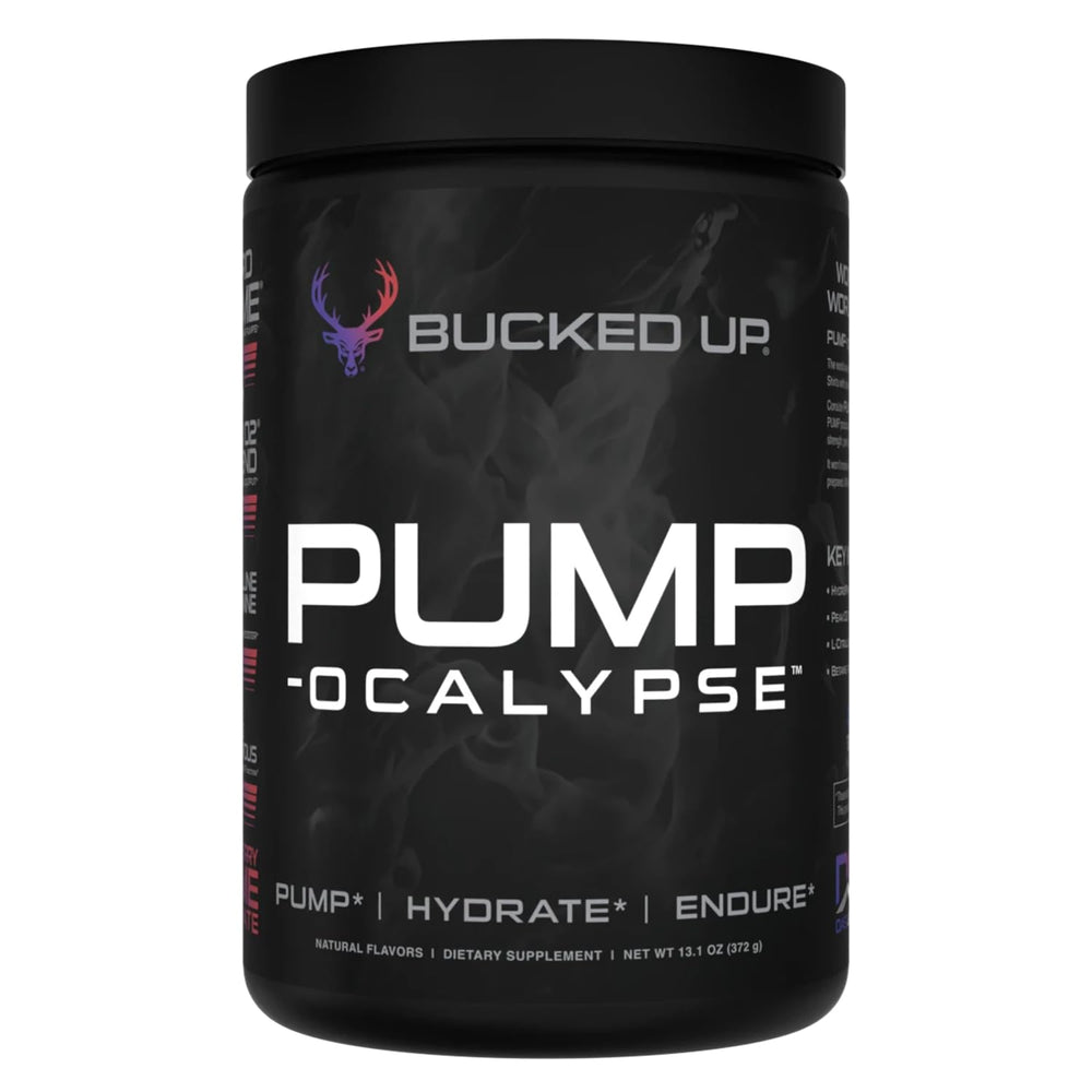 Bucked Up Pump-ocalypse blueberry-pomegranate bottle ready for training, showcasing flavor and purpose for blood flow.