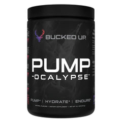 Bucked Up Pump-ocalypse blueberry-pomegranate bottle ready for training, showcasing flavor and purpose for blood flow.