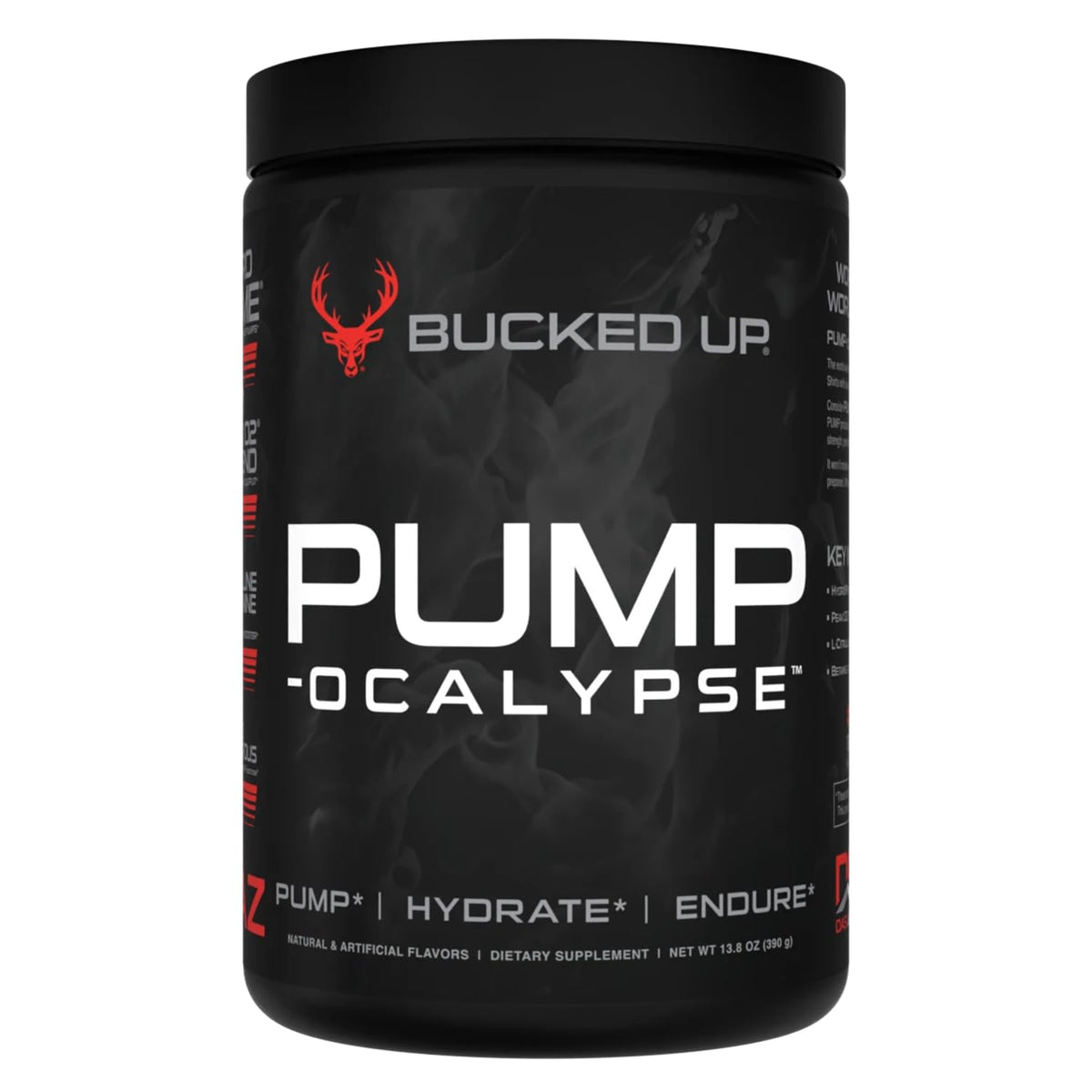 Bucked Up Pump-ocalypse bottle label highlighting nitric oxide boosters for stronger muscle pumps.