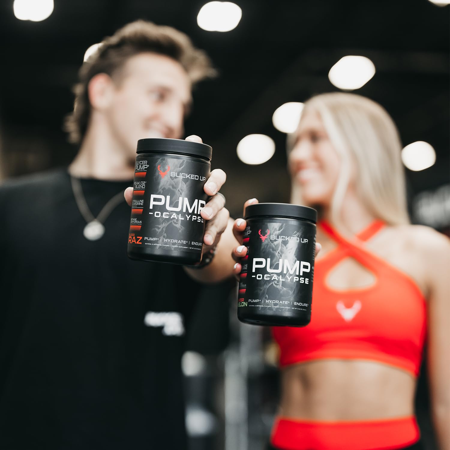 Bucked Up Pump-ocalypse labels emphasize nitric oxide and hydration support.