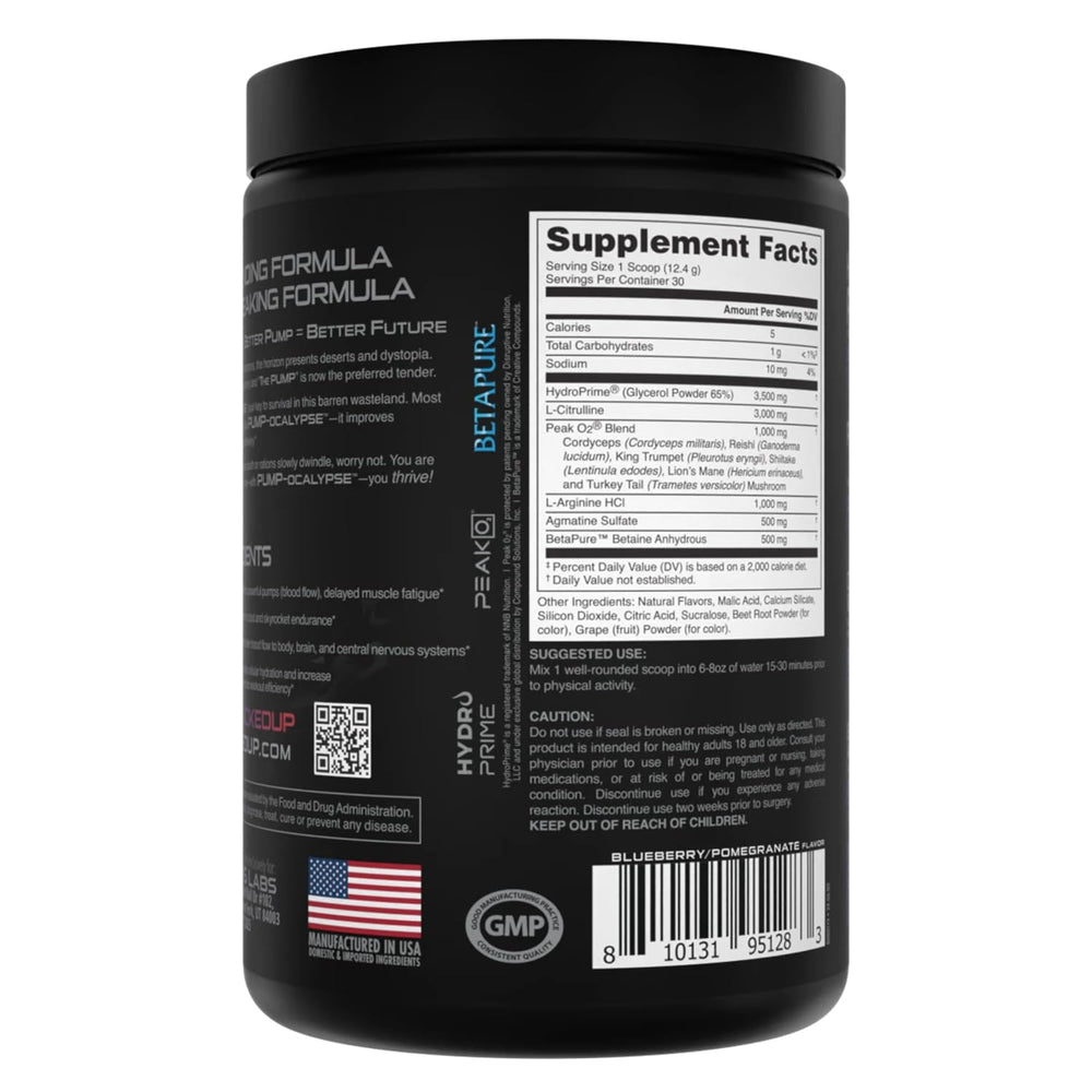 Bucked Up Pump-ocalypse ingredients close-up featuring L-Citrulline and L-Arginine blend.