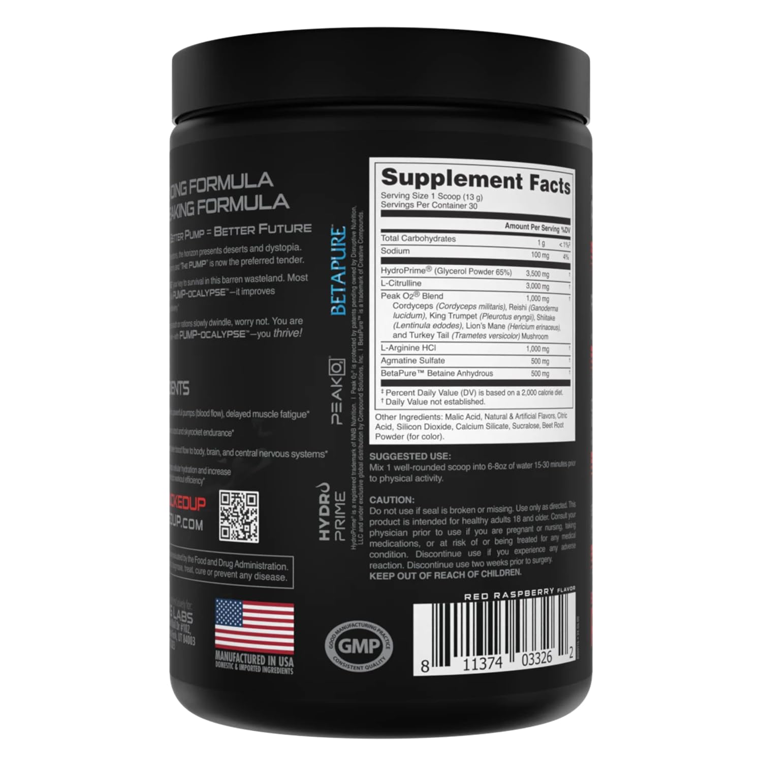 Bucked Up Pump-ocalypse label close-up with PeakO2 blend for oxygen uptake.